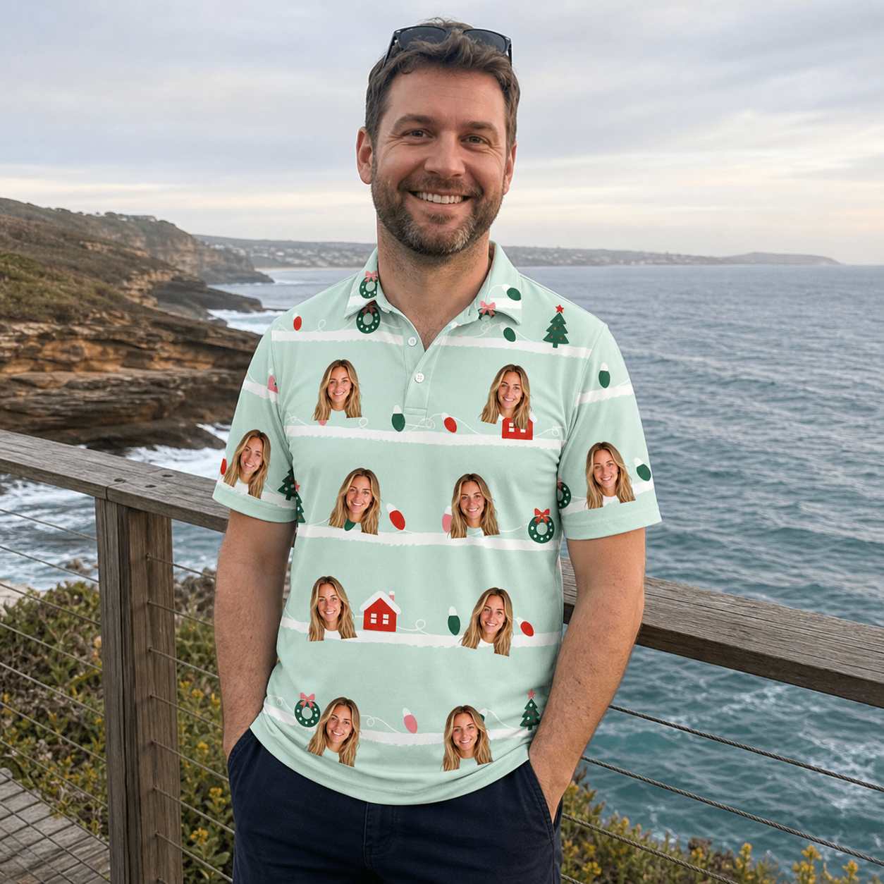 Real-life photo of someone wearing Men's Neon Noel Custom Face Polo Shirt — custom faces printed all-over