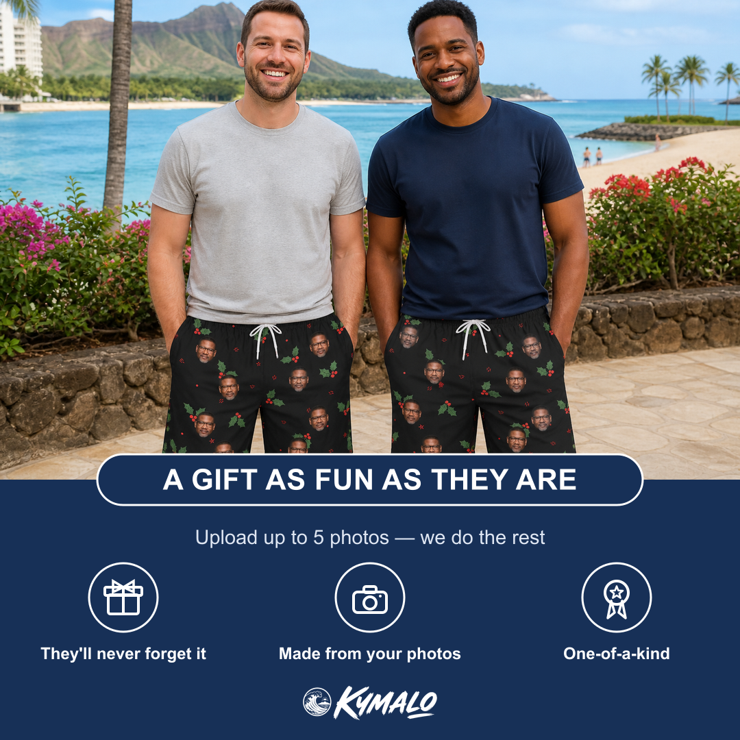 Friends in matching Men's Holly Hush Custom Face Beach Shorts — a group gift photo