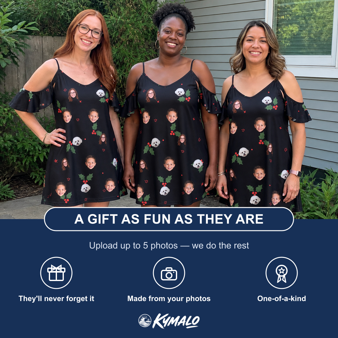 Friends in matching Women's Holly Hush Custom Face Off-Shoulder Dress — a group gift photo