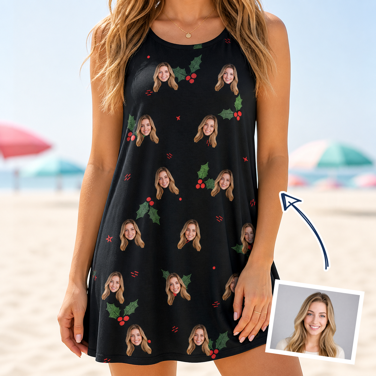 Woman wearing Women's Holly Hush Custom Face Tank Dress — custom faces printed all-over