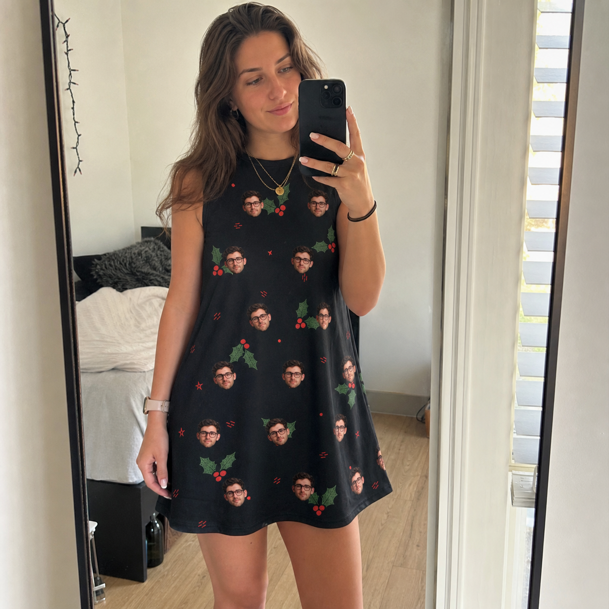 Real-life photo of someone wearing Women's Holly Hush Custom Face Tank Dress — custom faces printed all-over