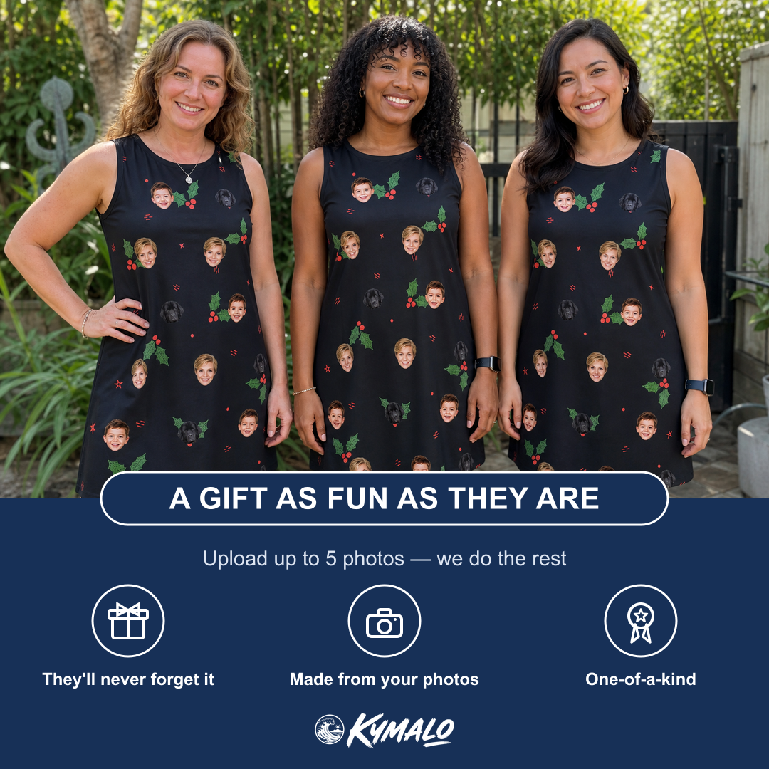 Friends in matching Women's Holly Hush Custom Face Tank Dress — a group gift photo