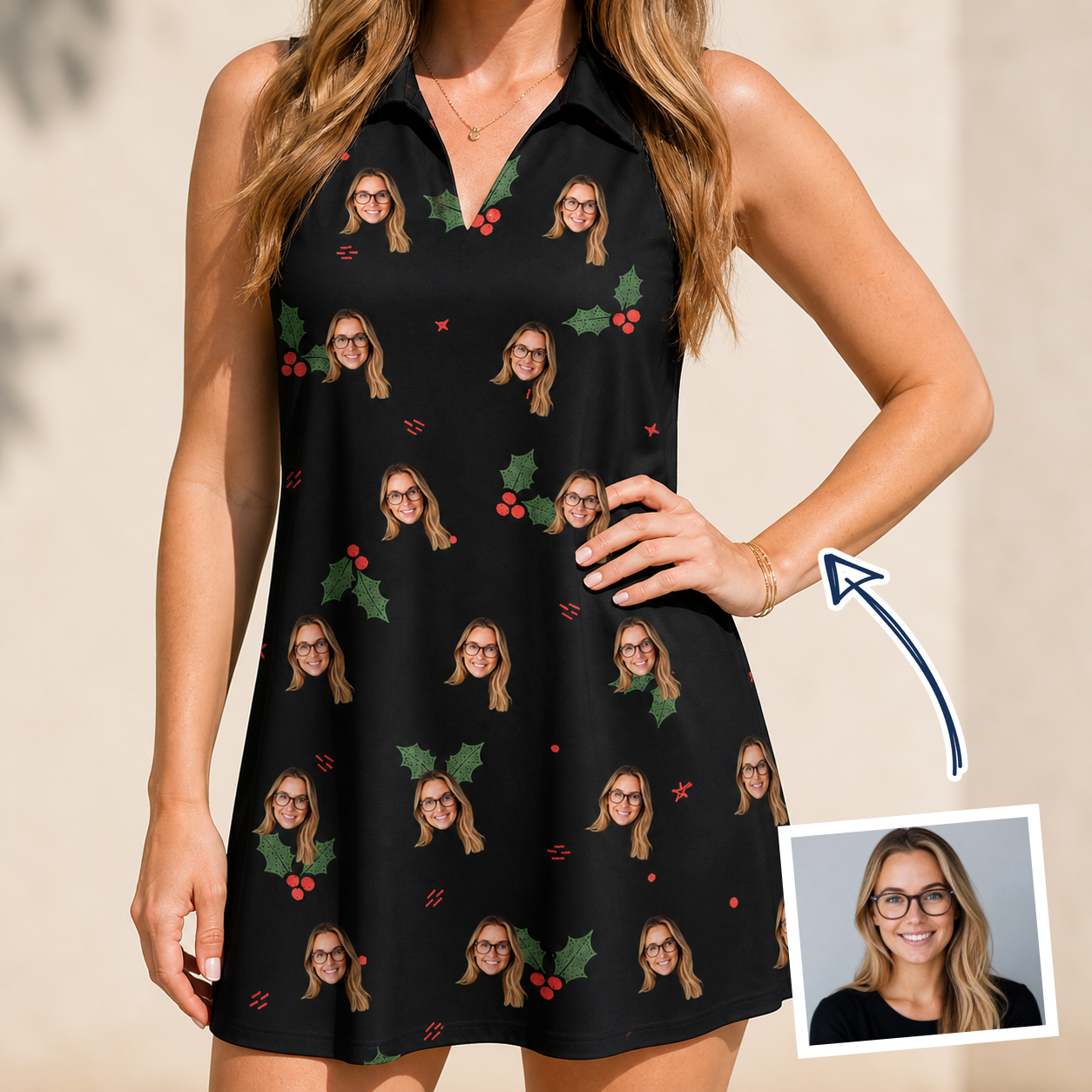 Woman wearing Women's Holly Hush Custom Face V-Neck Dress — custom faces printed all-over