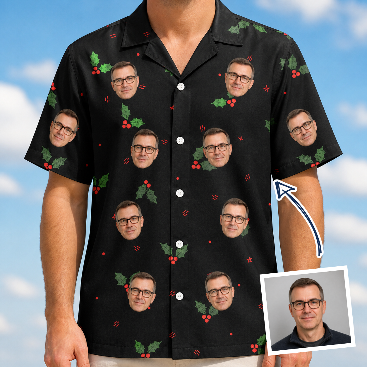 Man wearing Men's Holly Hush Custom Face Hawaiian Shirt — custom faces printed all-over