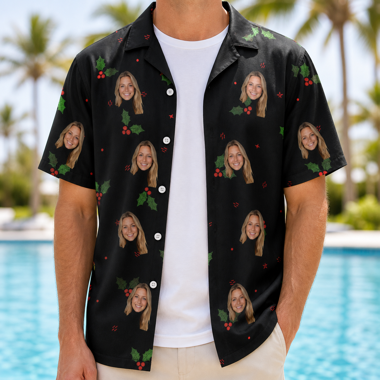 Man wearing Men's Holly Hush Custom Face Hawaiian Shirt open over a white tee