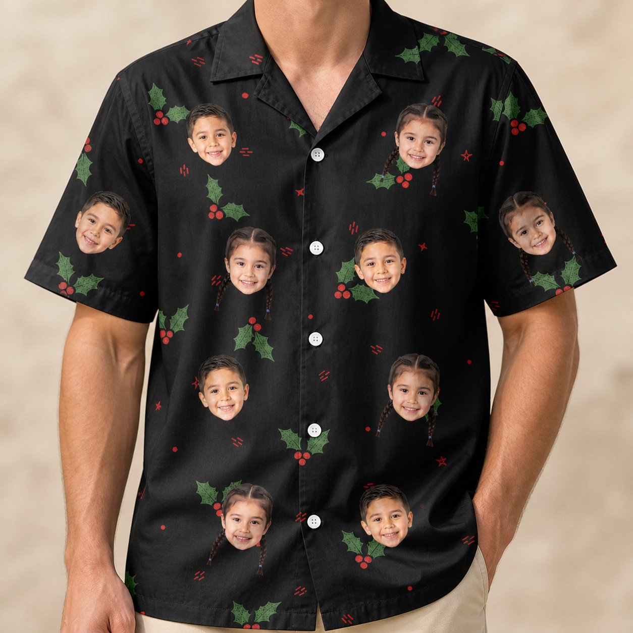 Model wearing Men's Holly Hush Custom Face Hawaiian Shirt printed with kids' faces