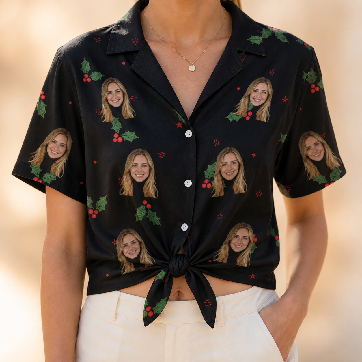 Woman wearing Women's Holly Hush Custom Face Hawaiian Shirt tied at the waist