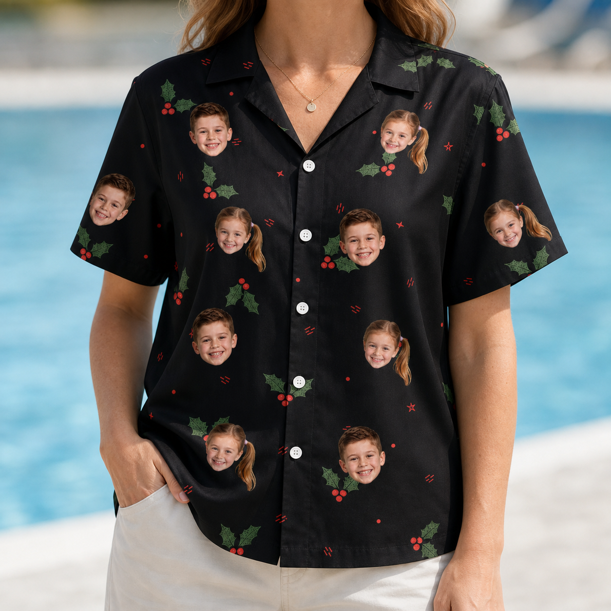 Model wearing Women's Holly Hush Custom Face Hawaiian Shirt printed with kids' faces