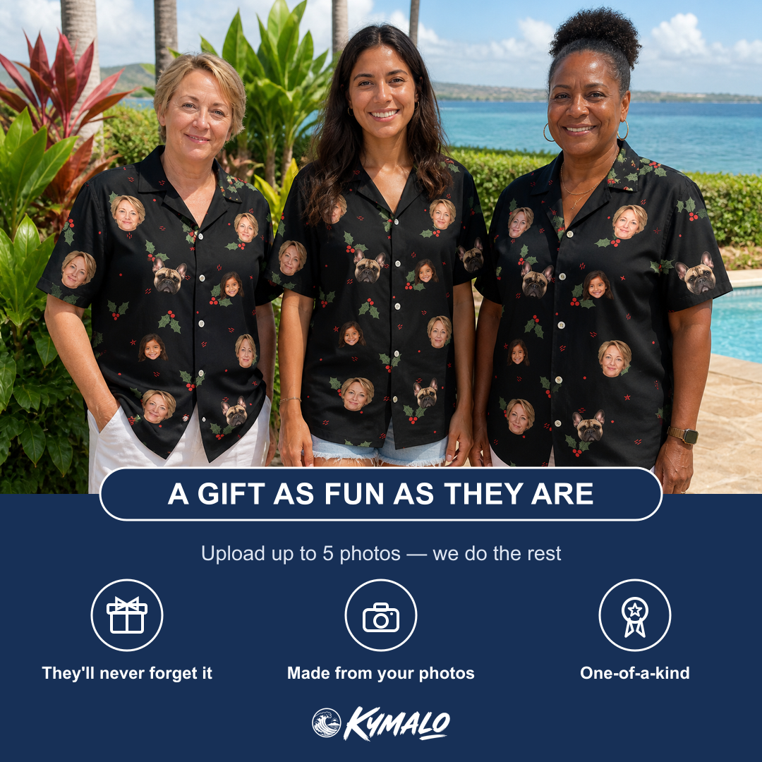 Friends in matching Women's Holly Hush Custom Face Hawaiian Shirt — a group gift photo