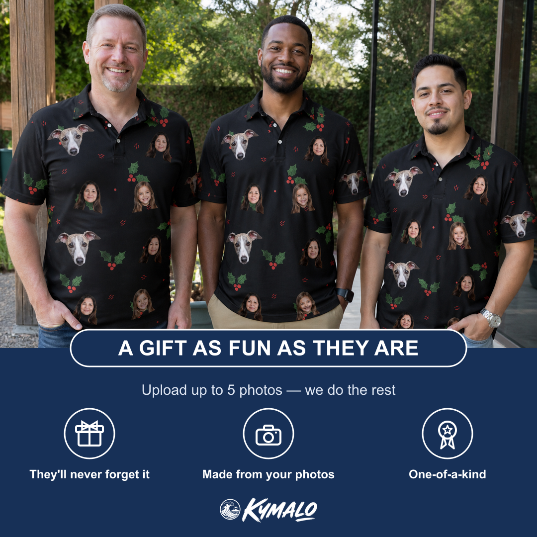 Friends in matching Men's Holly Hush Custom Face Polo Shirt — a group gift photo