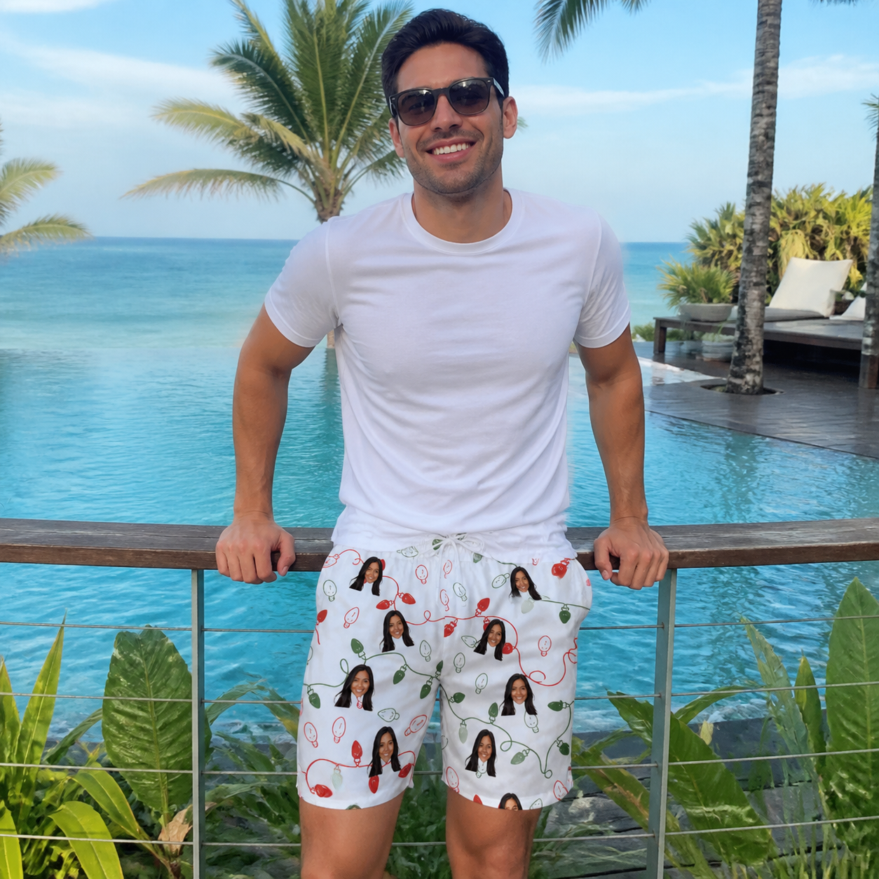 Real-life photo of someone wearing Men's Merry Circuits Custom Face Beach Shorts — custom faces printed all-over