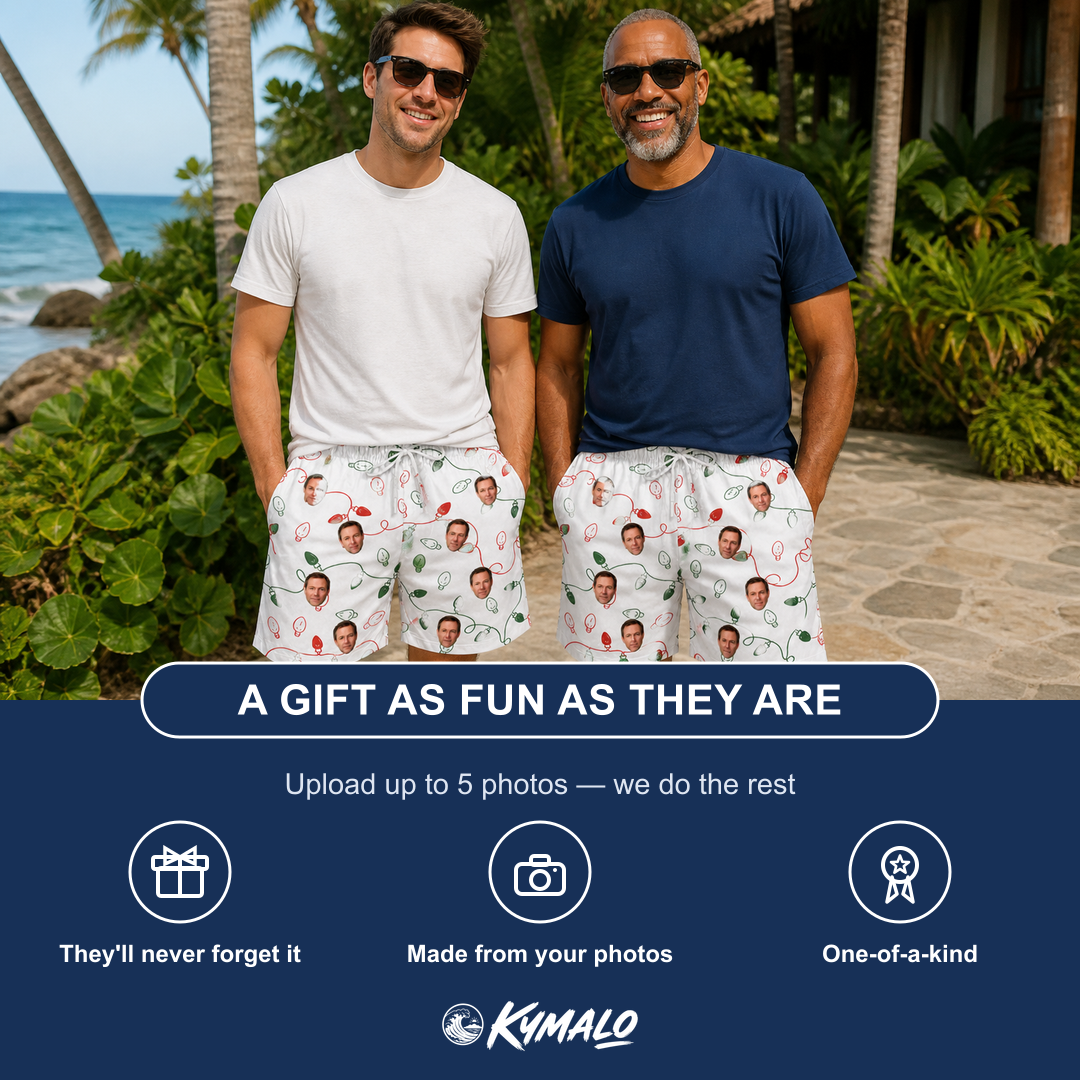 Friends in matching Men's Merry Circuits Custom Face Beach Shorts — a group gift photo