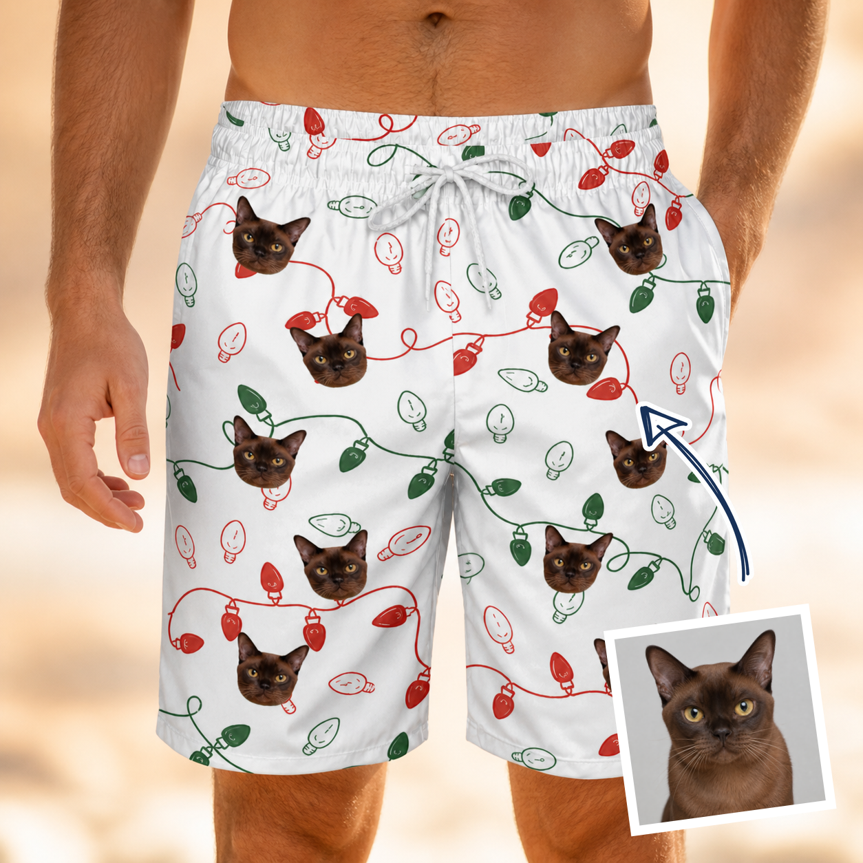 Man wearing Men's Merry Circuits Custom Cat Face Beach Shorts — custom faces printed all-over