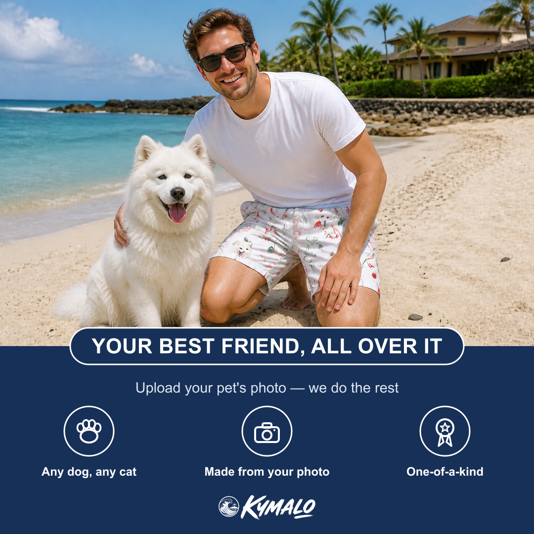 Friends in matching Men's Merry Circuits Custom Dog Face Beach Shorts — a group gift photo