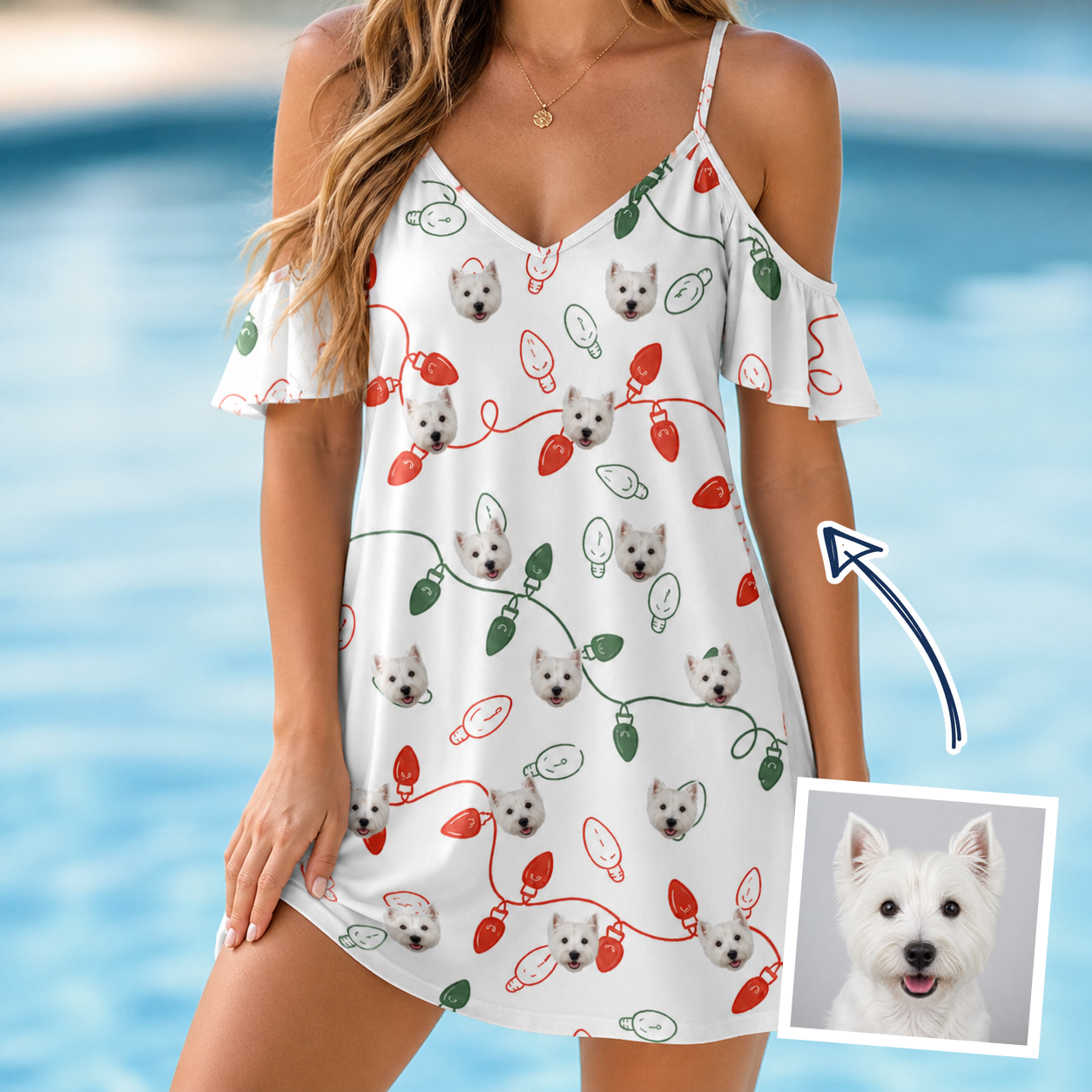 Woman wearing Women's Merry Circuits Custom Dog Face Off-Shoulder Dress — custom faces printed all-over