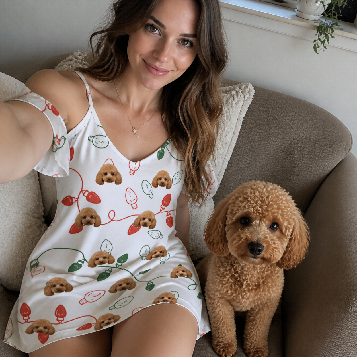 Selfie with the pet whose face is printed all over this Women's Merry Circuits Custom Dog Face Off-Shoulder Dress