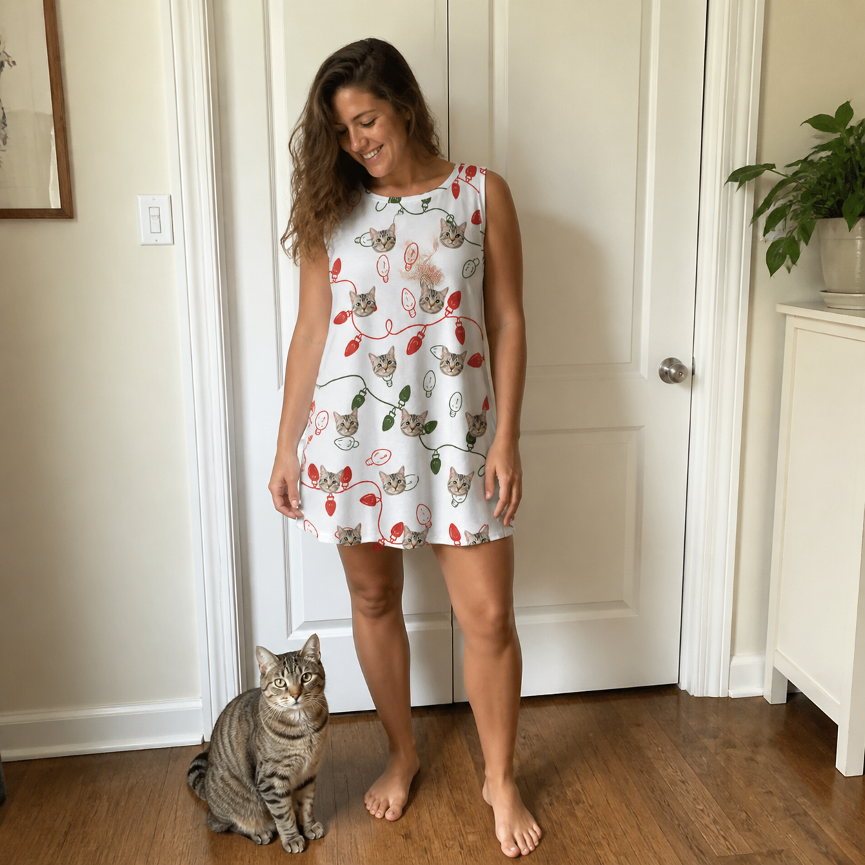 Full-length photo with the pet printed all over this Women's Merry Circuits Custom Cat Face Tank Dress