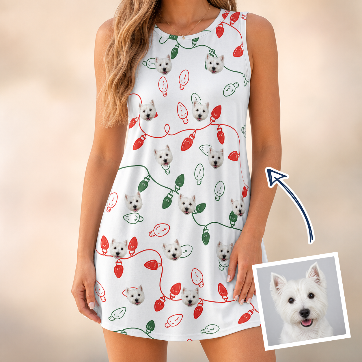 Woman wearing Women's Merry Circuits Custom Dog Face Tank Dress — custom faces printed all-over
