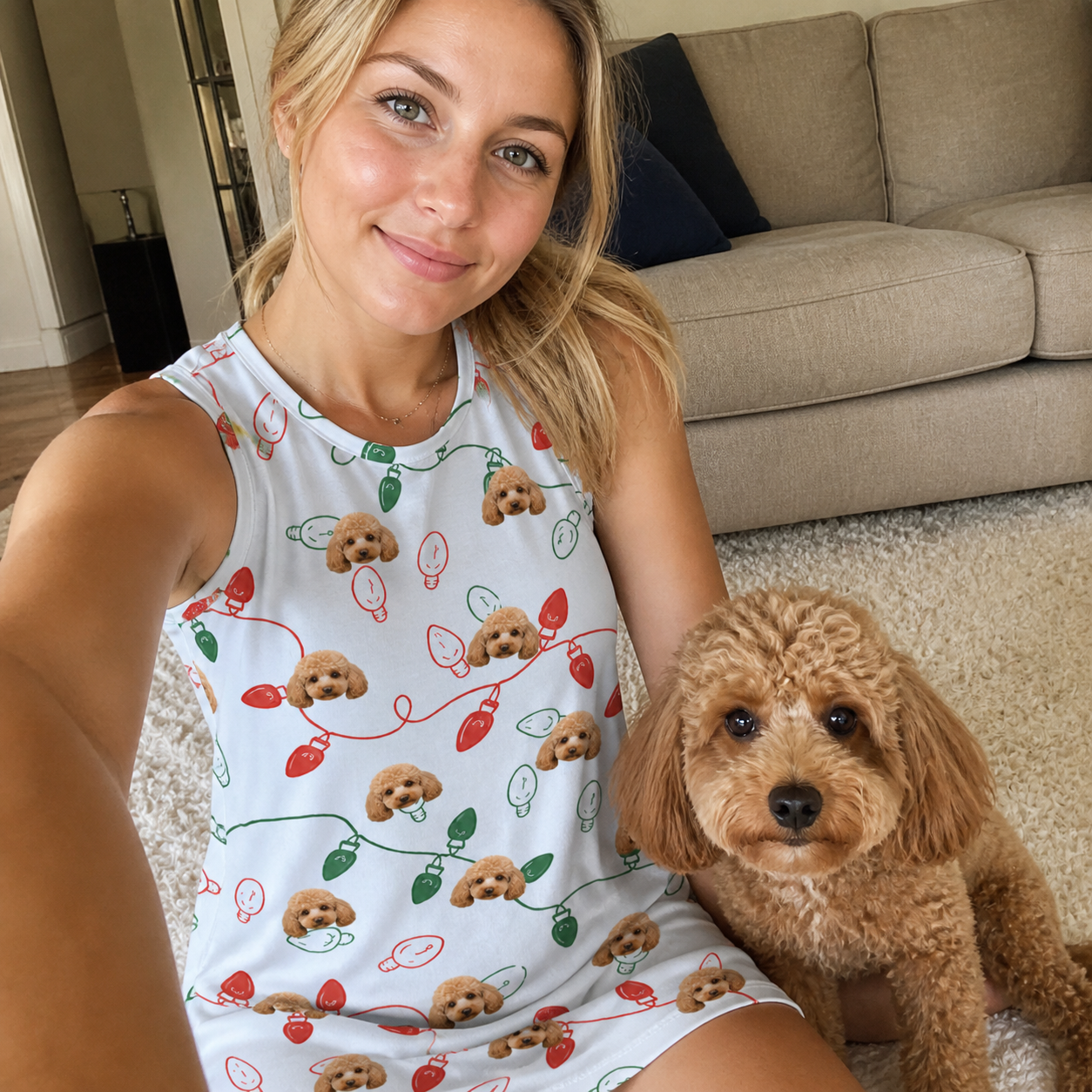 Selfie with the pet whose face is printed all over this Women's Merry Circuits Custom Dog Face Tank Dress