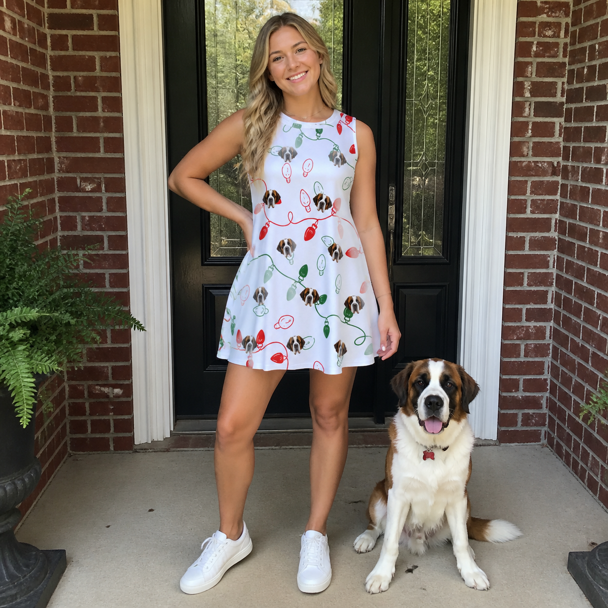 Full-length photo with the pet printed all over this Women's Merry Circuits Custom Dog Face Tank Dress