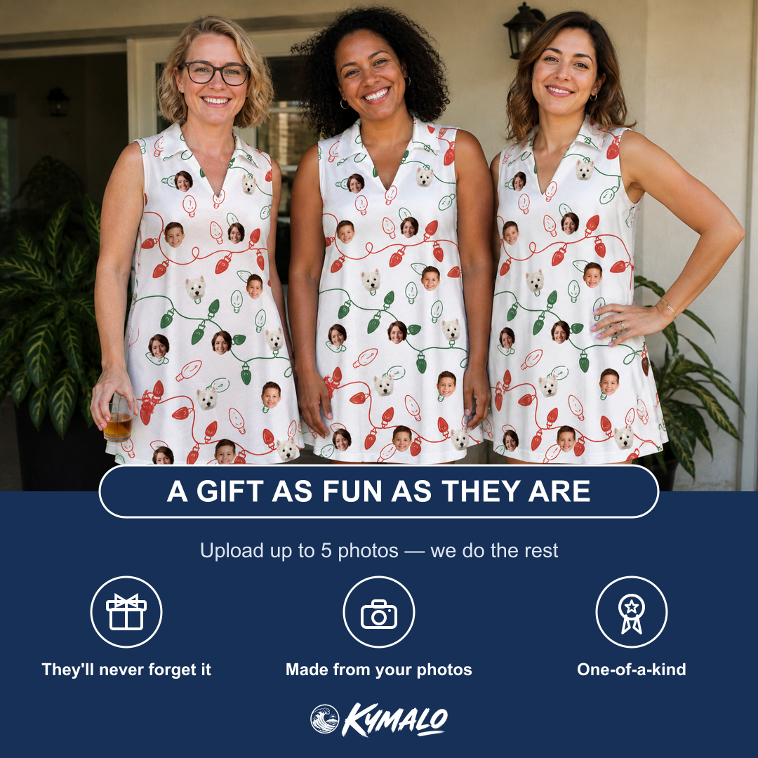 Friends in matching Women's Merry Circuits Custom Face V-Neck Dress — a group gift photo