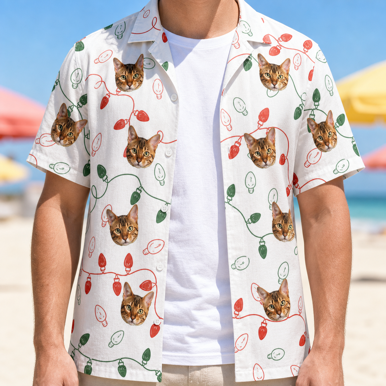 Man wearing Men's Merry Circuits Custom Cat Face Hawaiian Shirt open over a white tee