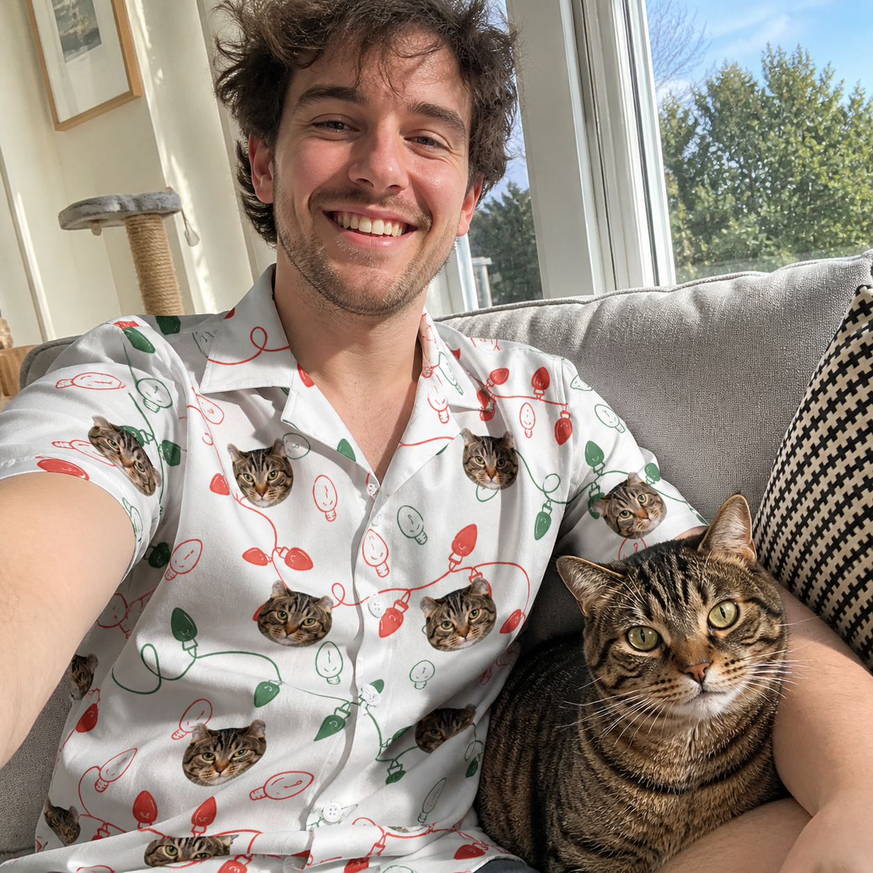 Selfie with the pet whose face is printed all over this Men's Merry Circuits Custom Cat Face Hawaiian Shirt