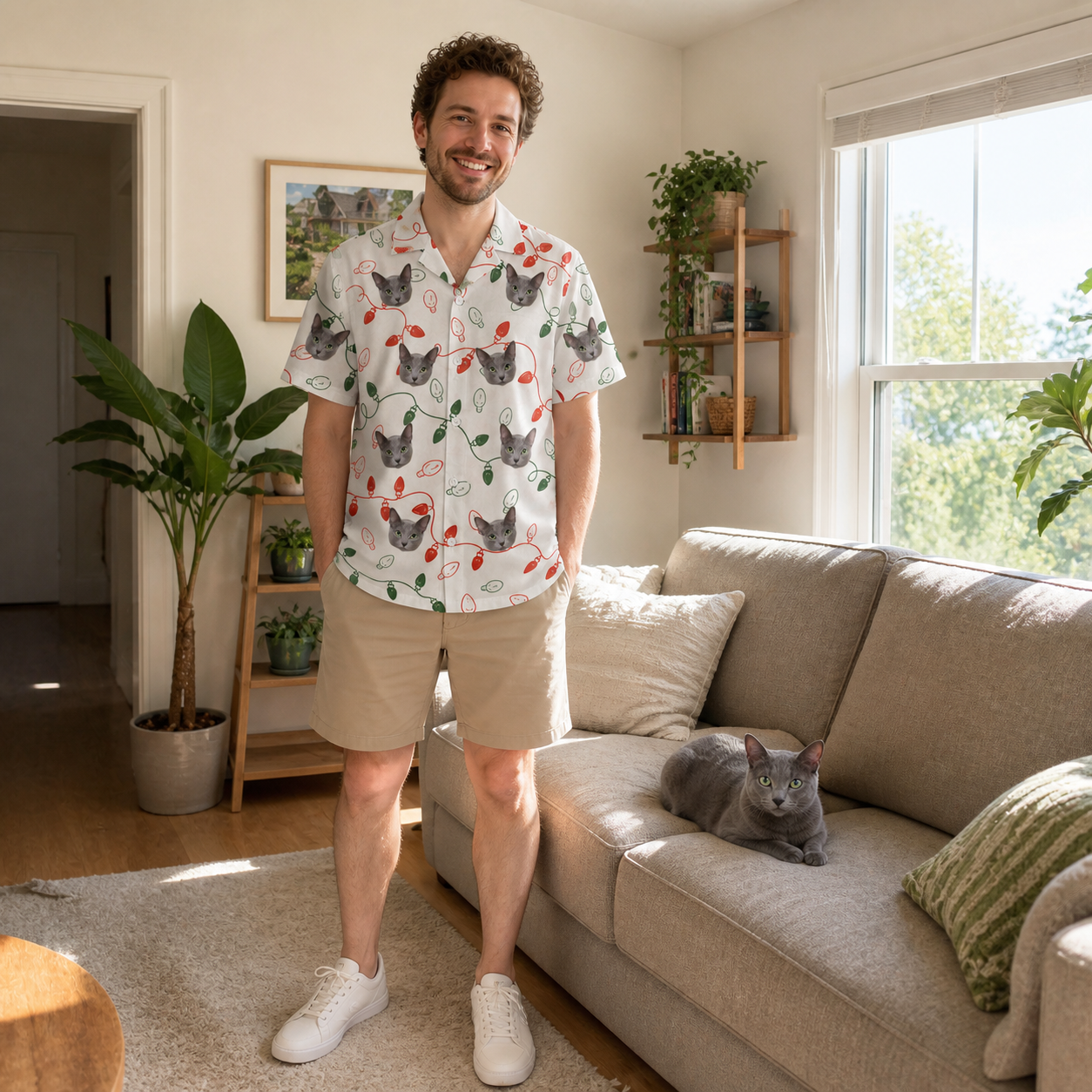 Full-length photo with the pet printed all over this Men's Merry Circuits Custom Cat Face Hawaiian Shirt