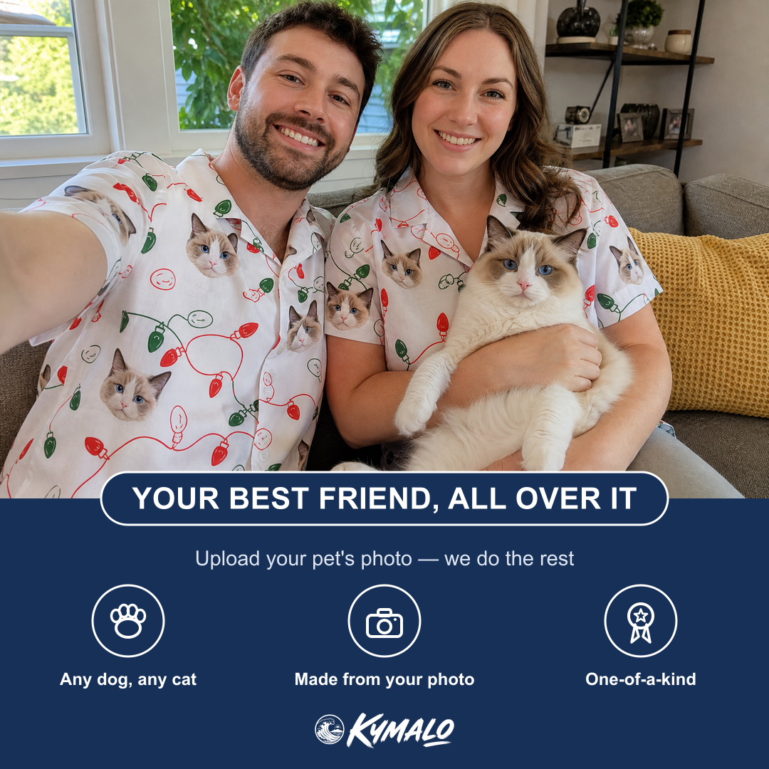 Friends in matching Men's Merry Circuits Custom Cat Face Hawaiian Shirt — a group gift photo
