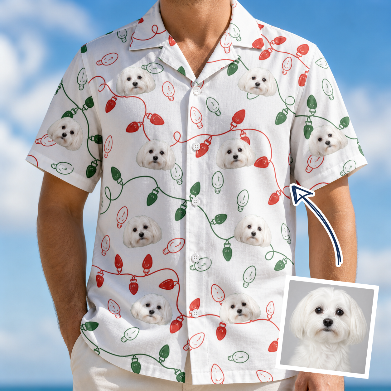 Man wearing Men's Merry Circuits Custom Dog Face Hawaiian Shirt — custom faces printed all-over