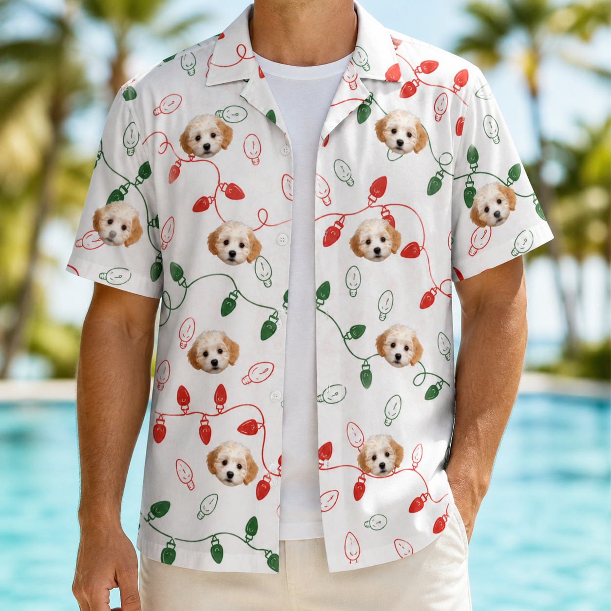 Man wearing Men's Merry Circuits Custom Dog Face Hawaiian Shirt open over a white tee