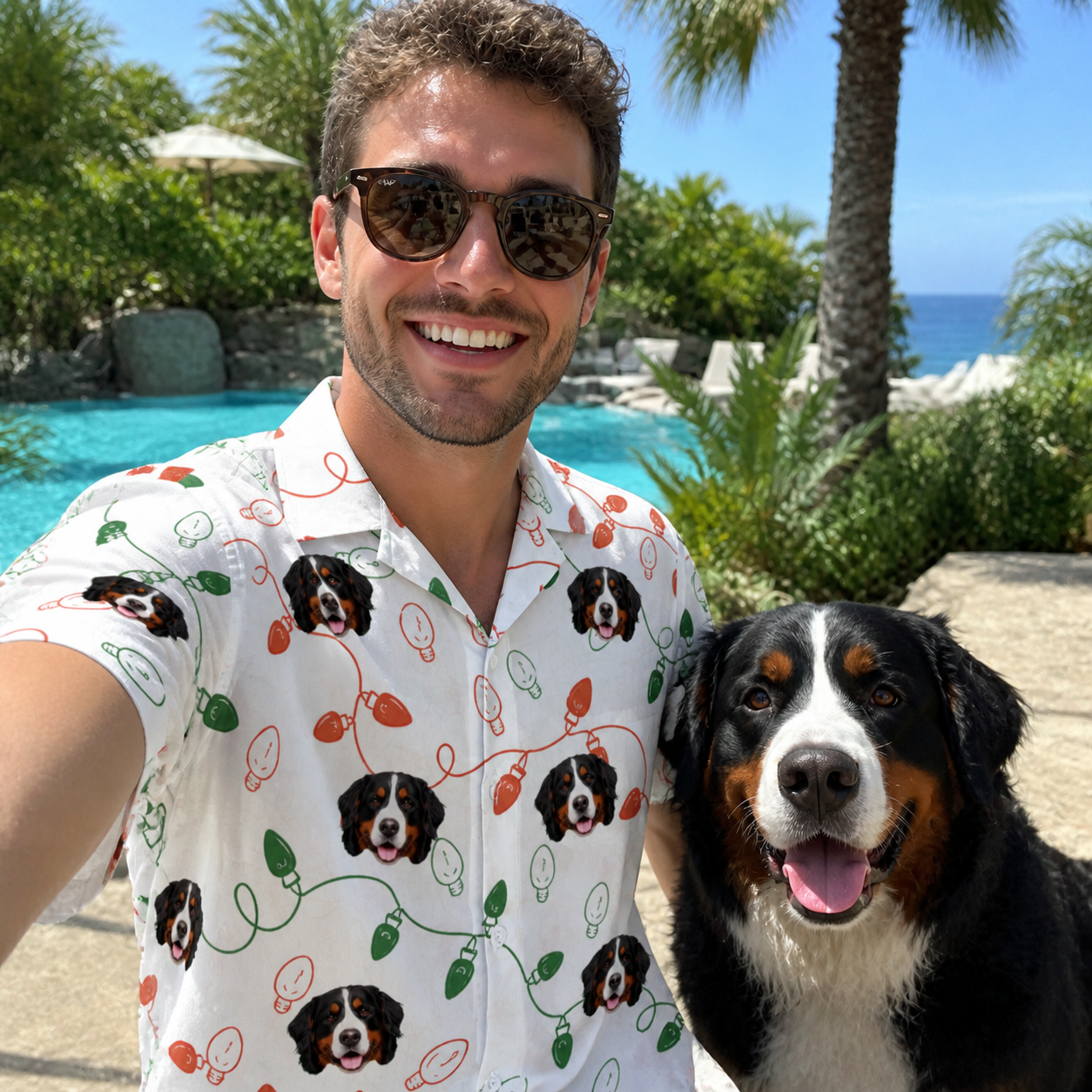 Selfie with the pet whose face is printed all over this Men's Merry Circuits Custom Dog Face Hawaiian Shirt