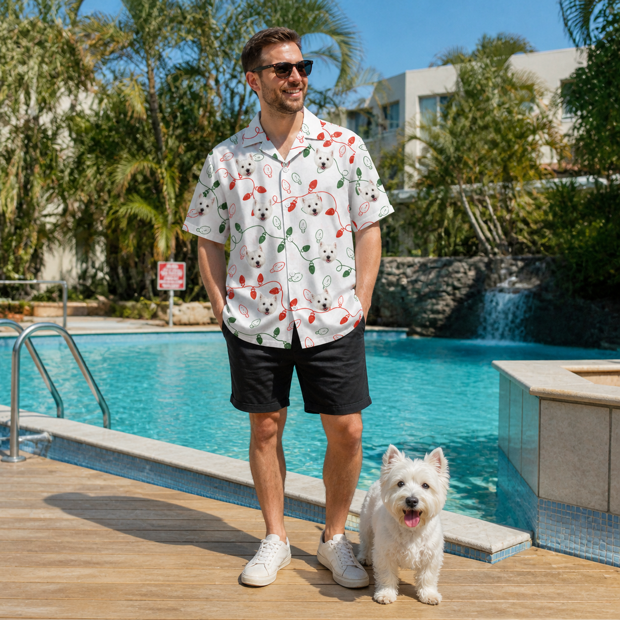 Full-length photo with the pet printed all over this Men's Merry Circuits Custom Dog Face Hawaiian Shirt