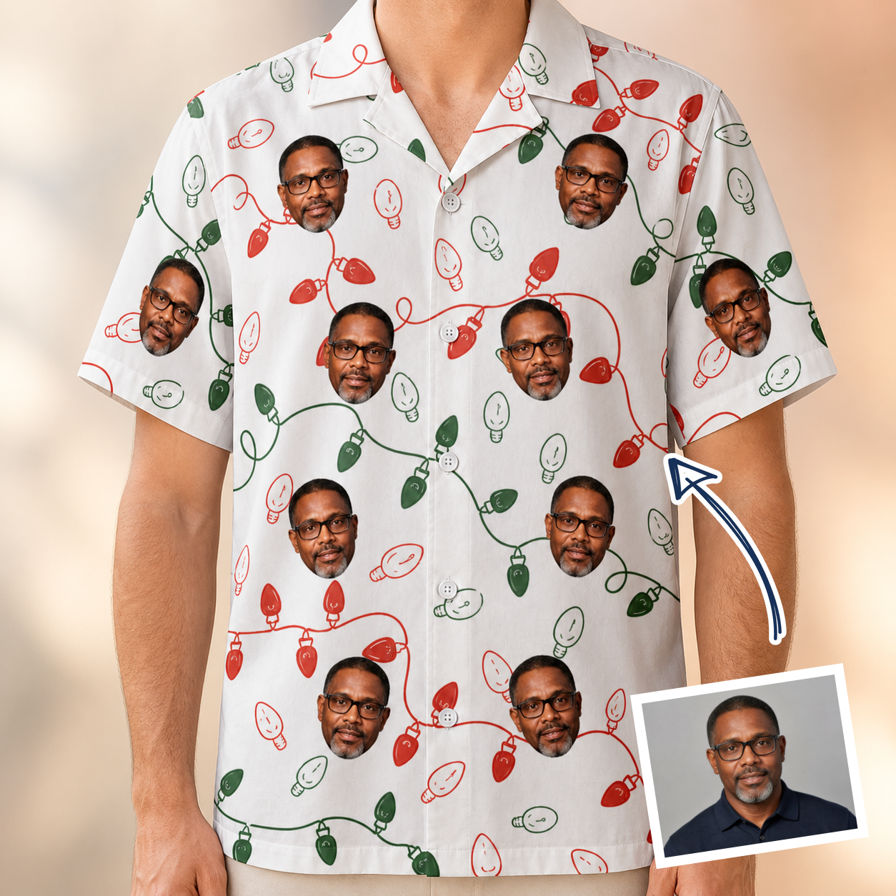 Man wearing Men's Merry Circuits Custom Face Hawaiian Shirt — custom faces printed all-over