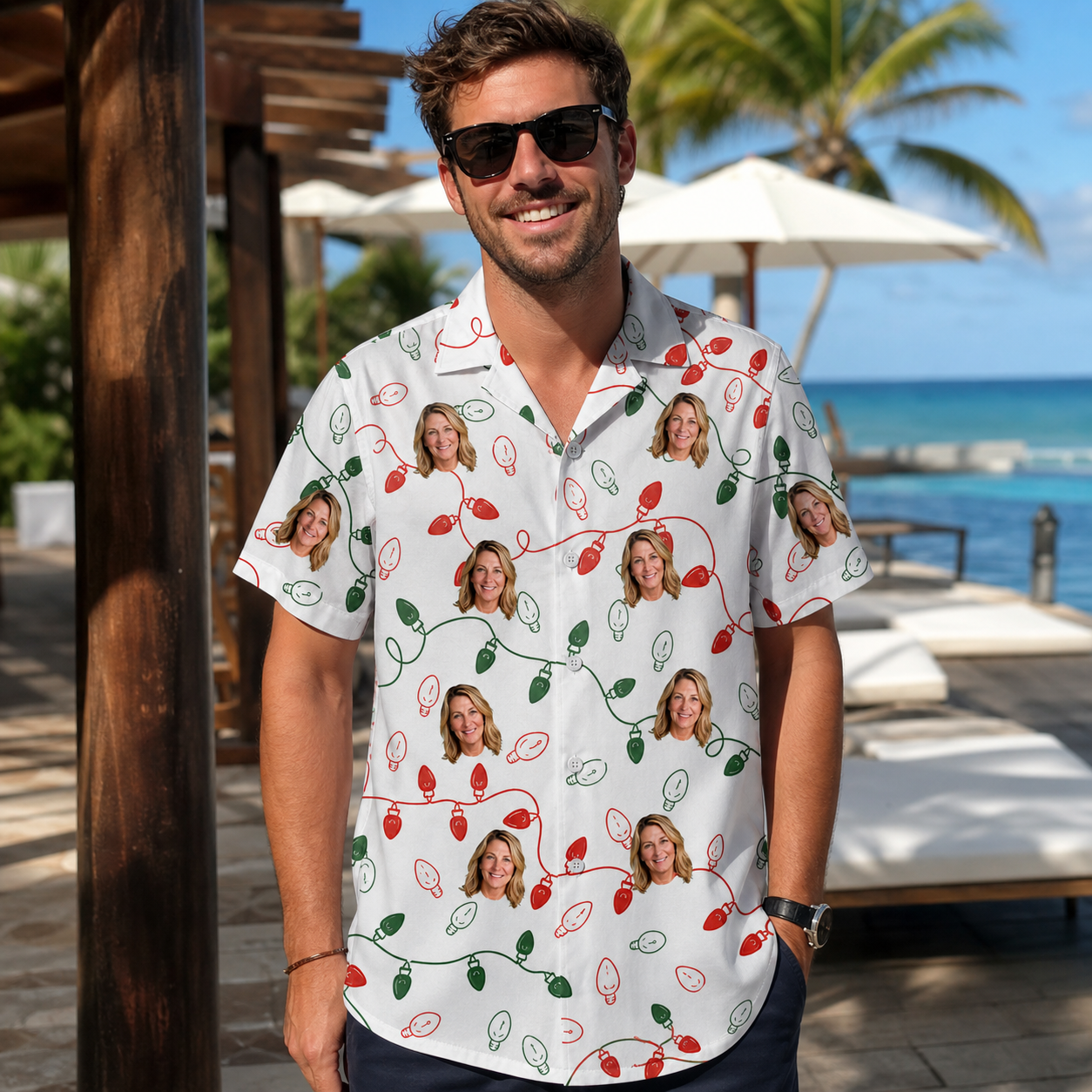 Real-life photo of someone wearing Men's Merry Circuits Custom Face Hawaiian Shirt — custom faces printed all-over