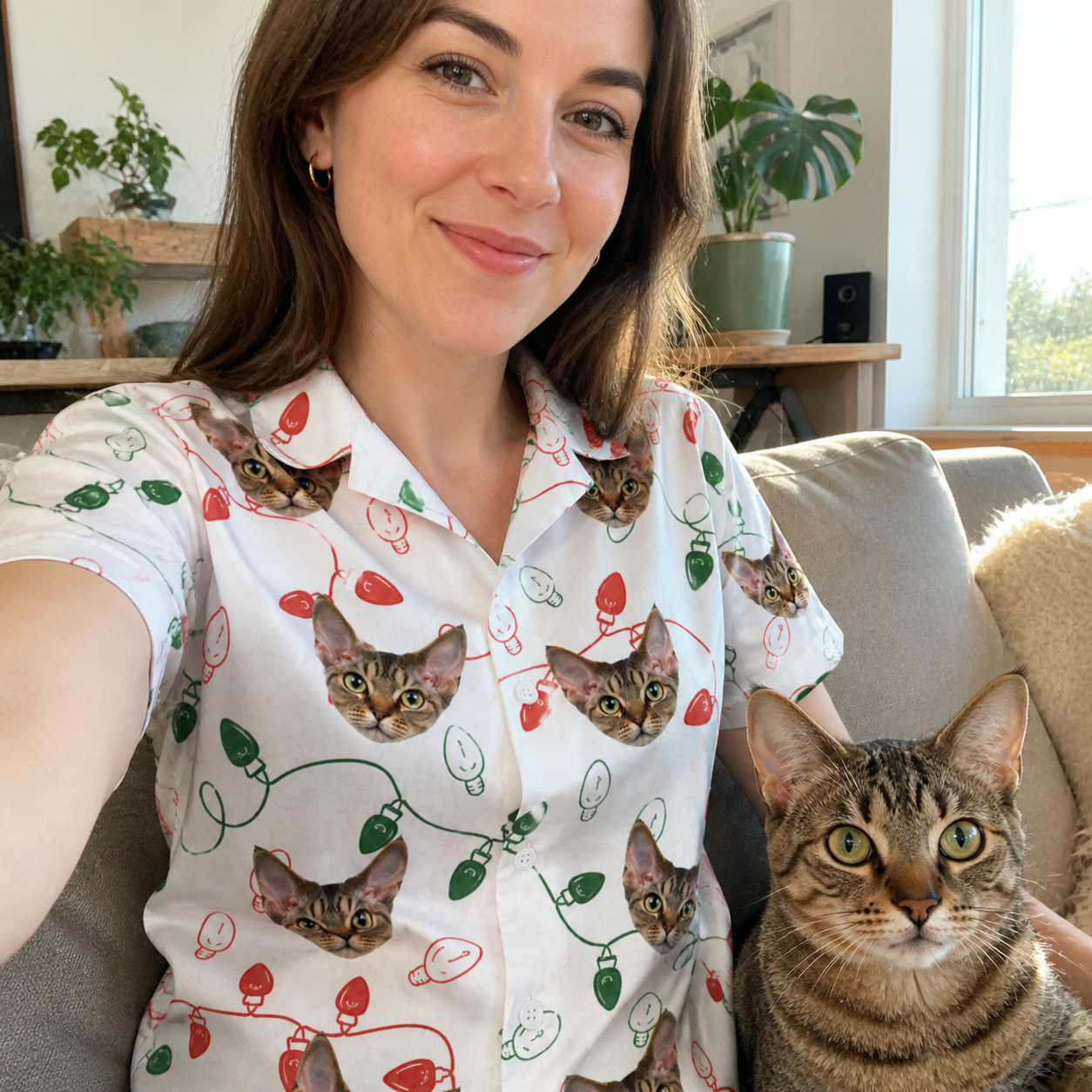 Selfie with the pet whose face is printed all over this Women's Merry Circuits Custom Cat Face Hawaiian Shirt