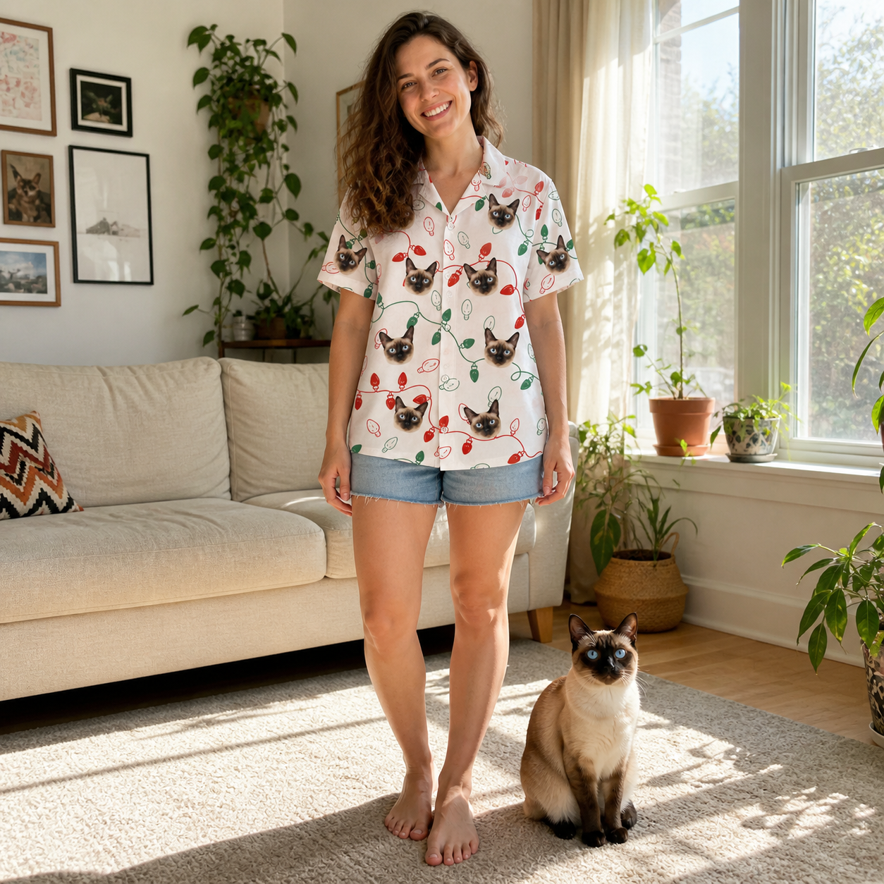 Full-length photo with the pet printed all over this Women's Merry Circuits Custom Cat Face Hawaiian Shirt