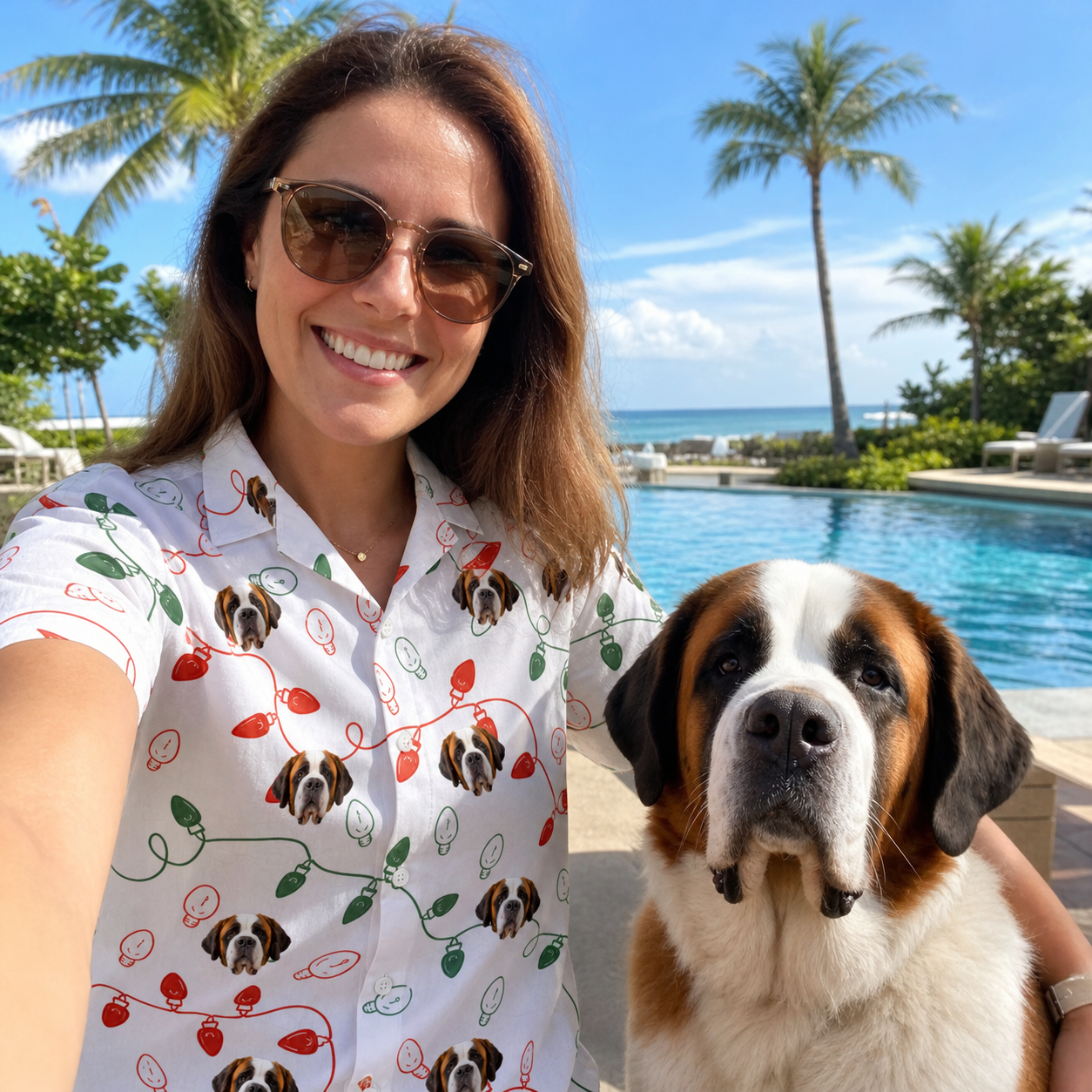 Selfie with the pet whose face is printed all over this Women's Merry Circuits Custom Dog Face Hawaiian Shirt