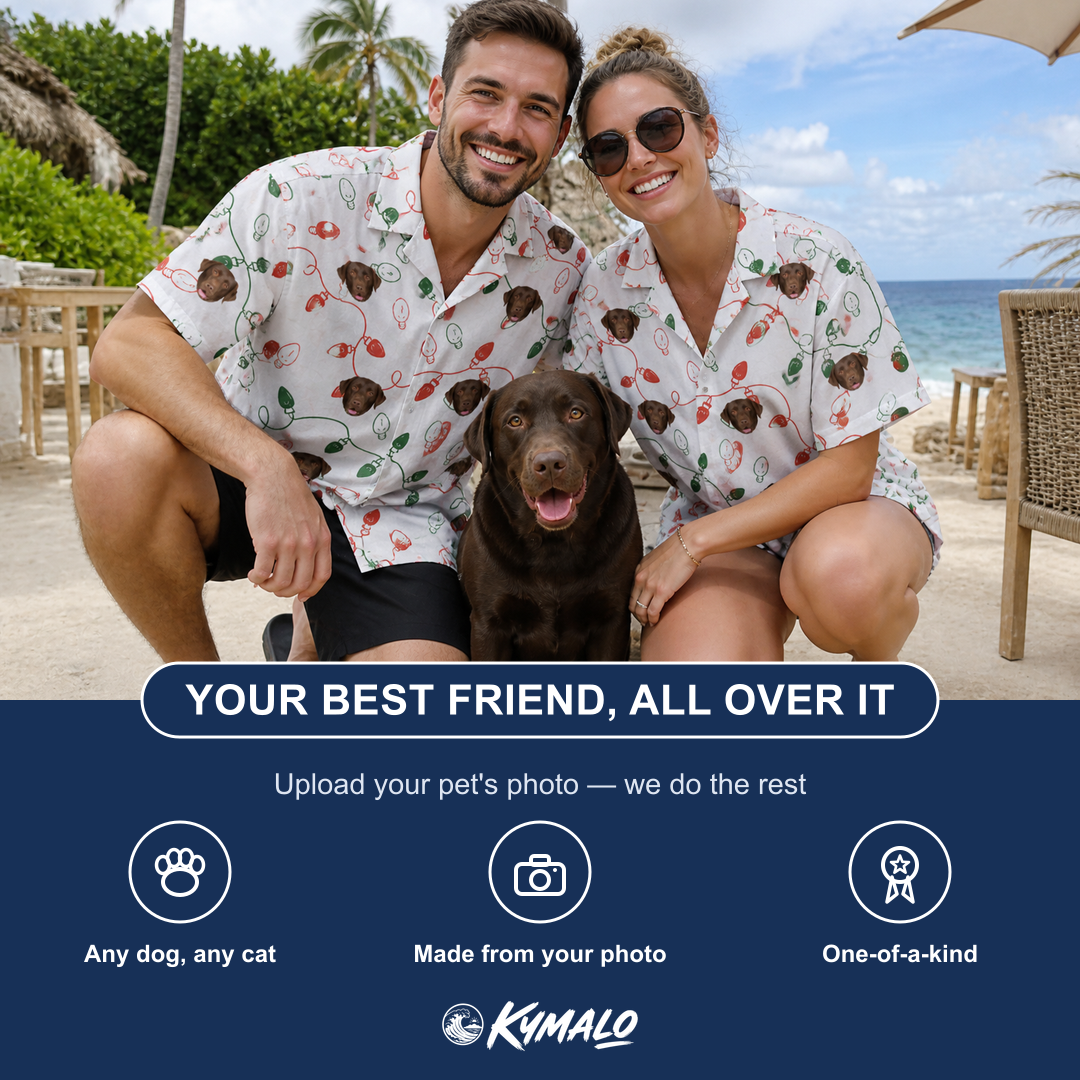 Friends in matching Women's Merry Circuits Custom Dog Face Hawaiian Shirt — a group gift photo
