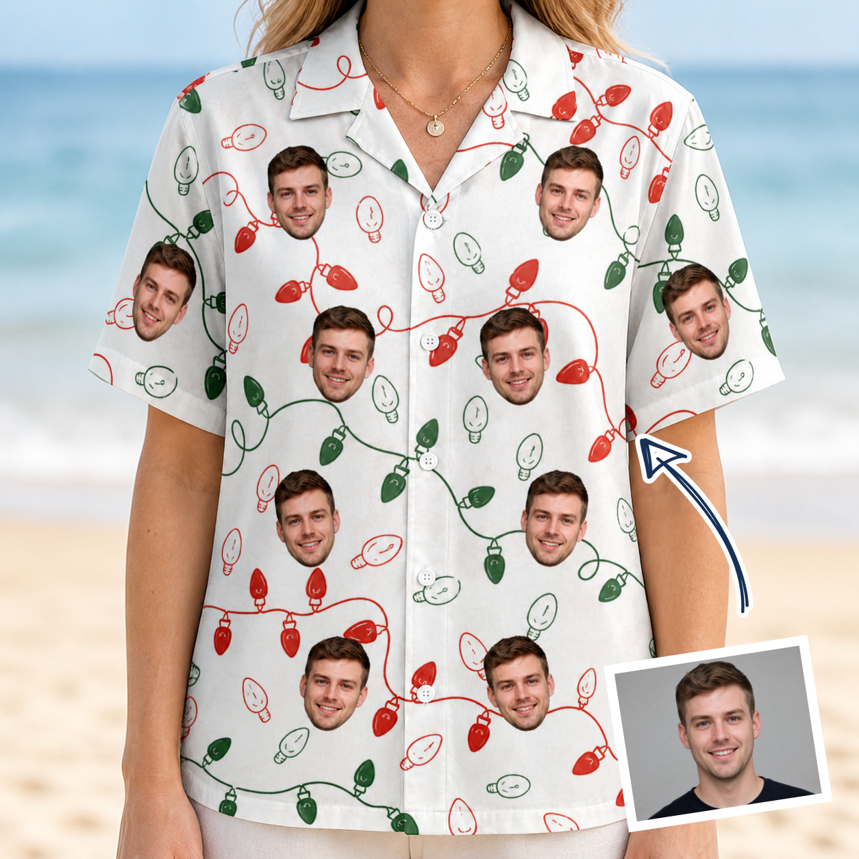 Woman wearing Women's Merry Circuits Custom Face Hawaiian Shirt — custom faces printed all-over