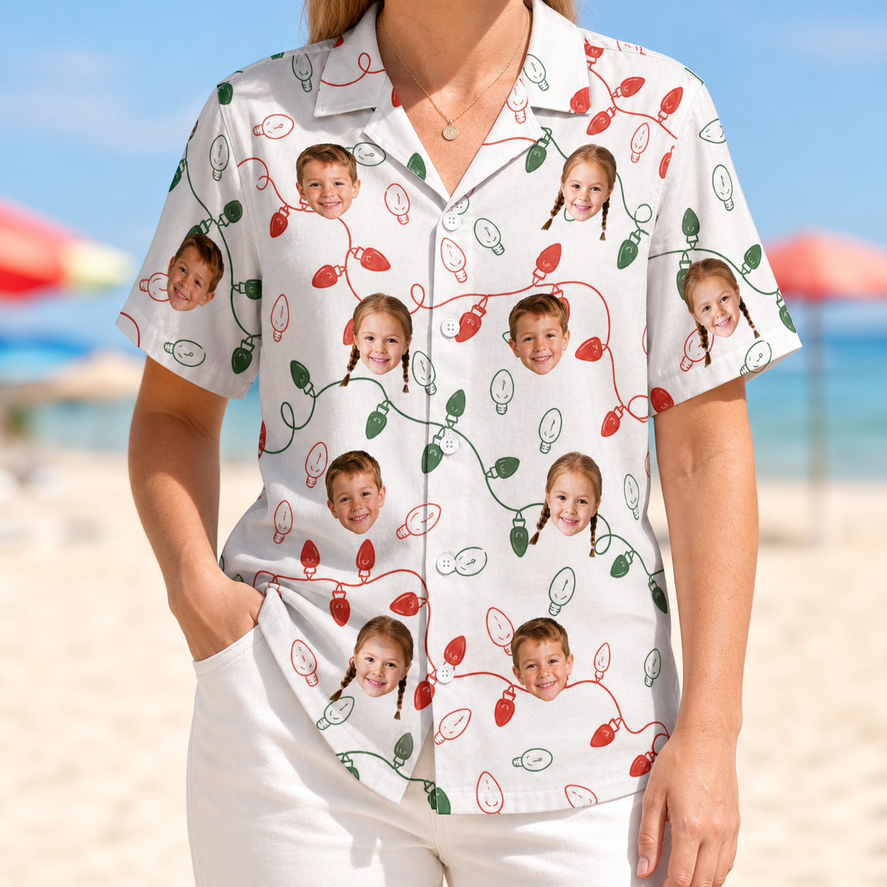 Model wearing Women's Merry Circuits Custom Face Hawaiian Shirt printed with kids' faces