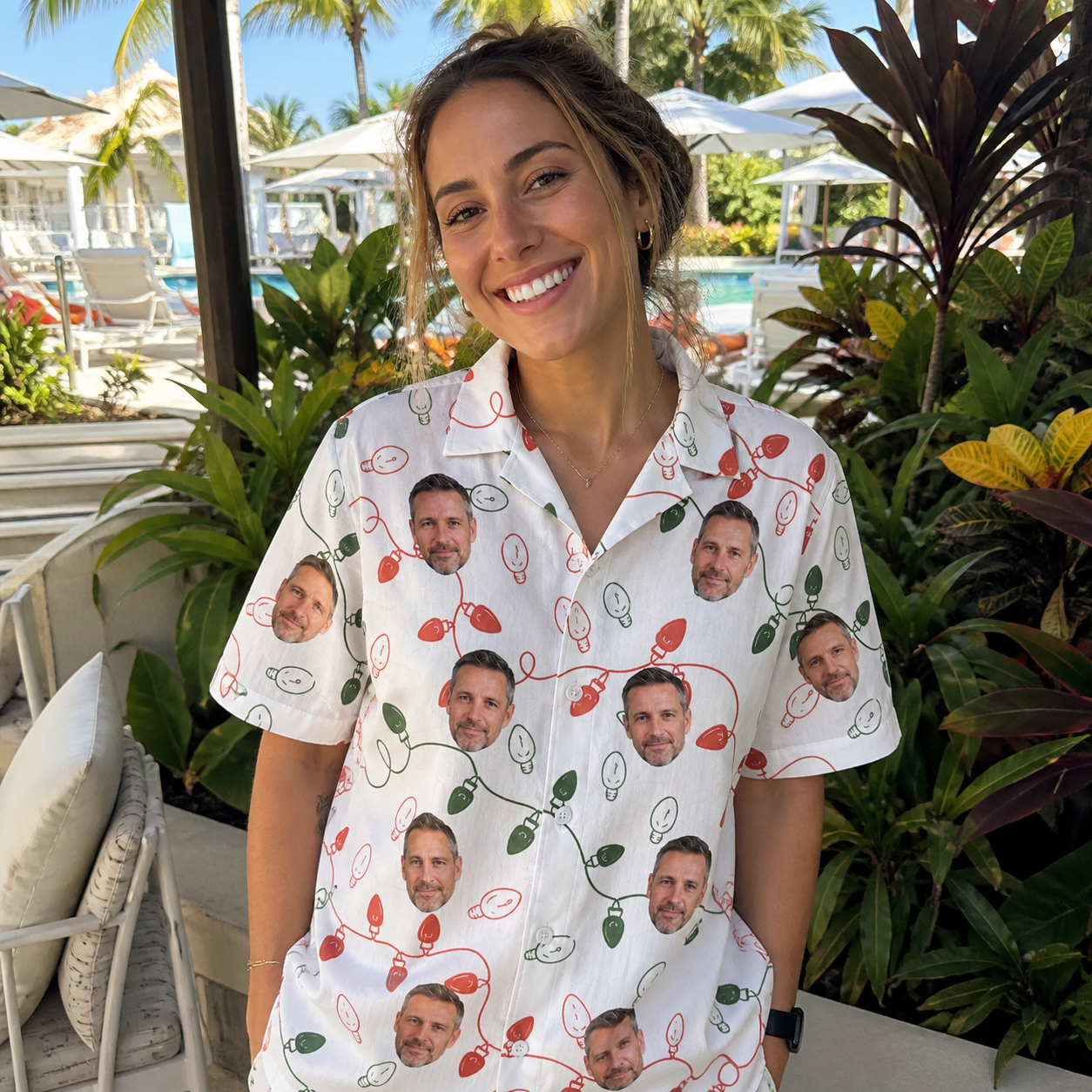 Real-life photo of someone wearing Women's Merry Circuits Custom Face Hawaiian Shirt — custom faces printed all-over