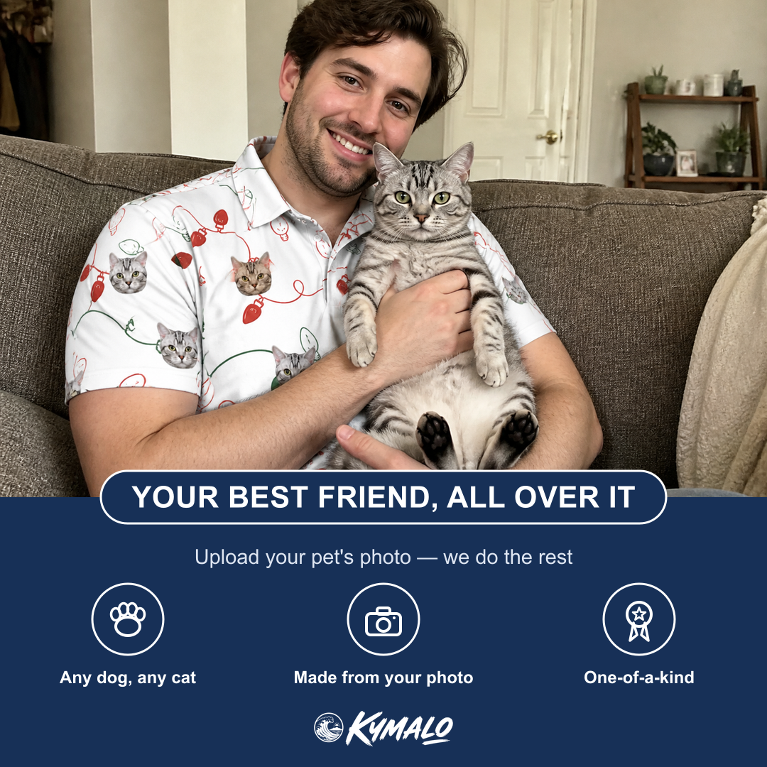 Friends in matching Men's Merry Circuits Custom Cat Face Polo Shirt — a group gift photo