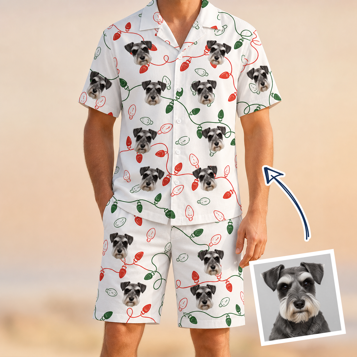 Man wearing Men's Merry Circuits Custom Dog Face Shirt & Shorts Set — custom faces printed all-over