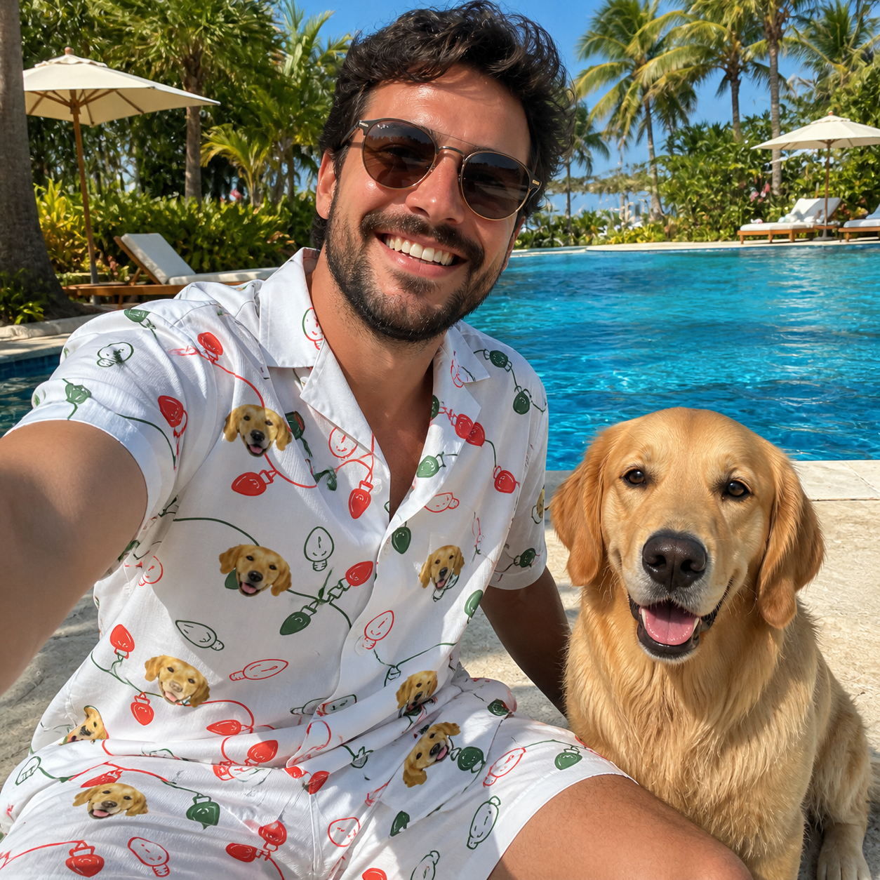 Selfie with the pet whose face is printed all over this Men's Merry Circuits Custom Dog Face Shirt & Shorts Set