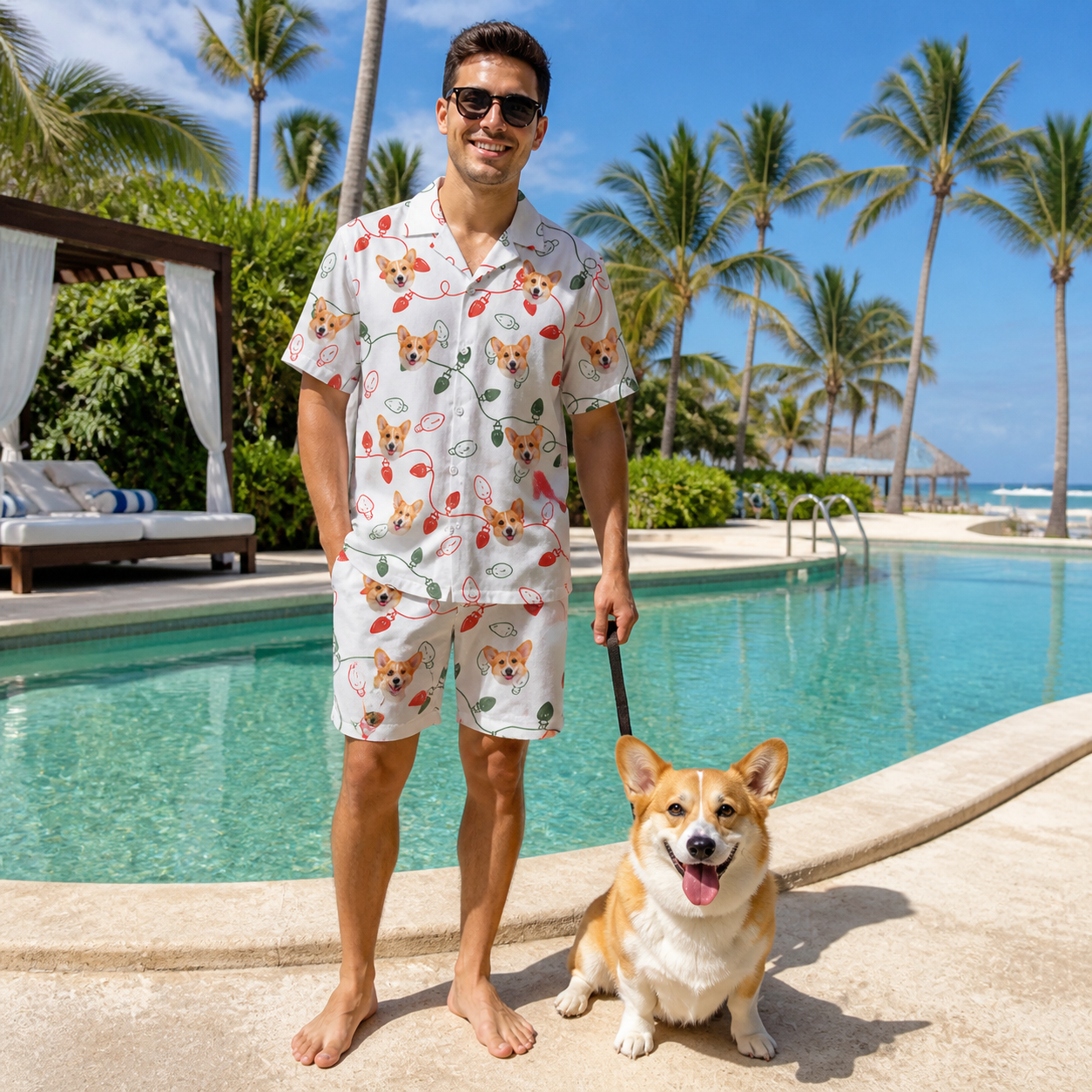 Full-length photo with the pet printed all over this Men's Merry Circuits Custom Dog Face Shirt & Shorts Set