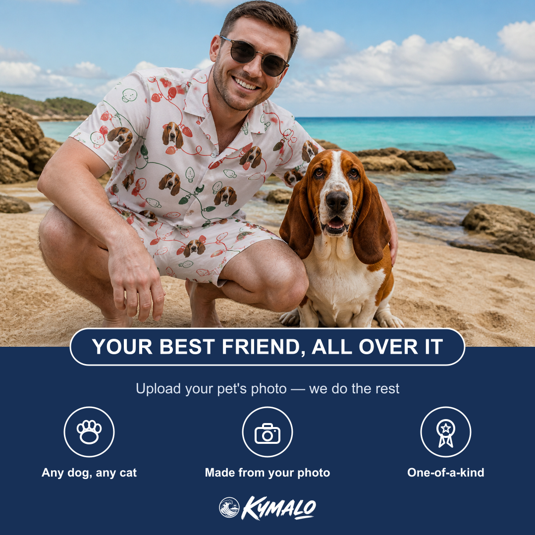 Friends in matching Men's Merry Circuits Custom Dog Face Shirt & Shorts Set — a group gift photo