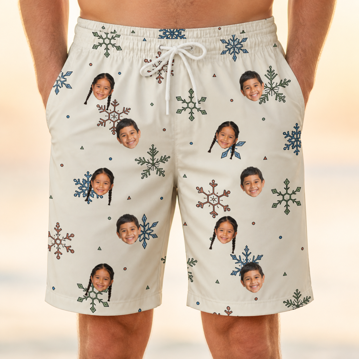 Model wearing Men's Tinsel Tumble Custom Face Beach Shorts printed with kids' faces