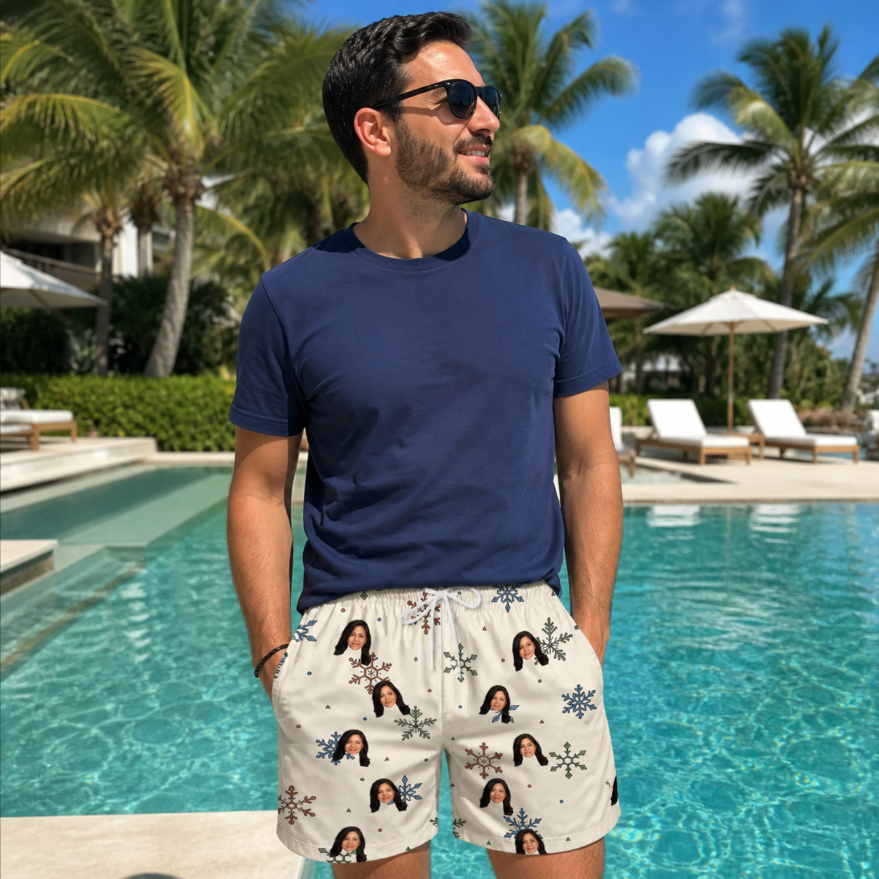 Real-life photo of someone wearing Men's Tinsel Tumble Custom Face Beach Shorts — custom faces printed all-over
