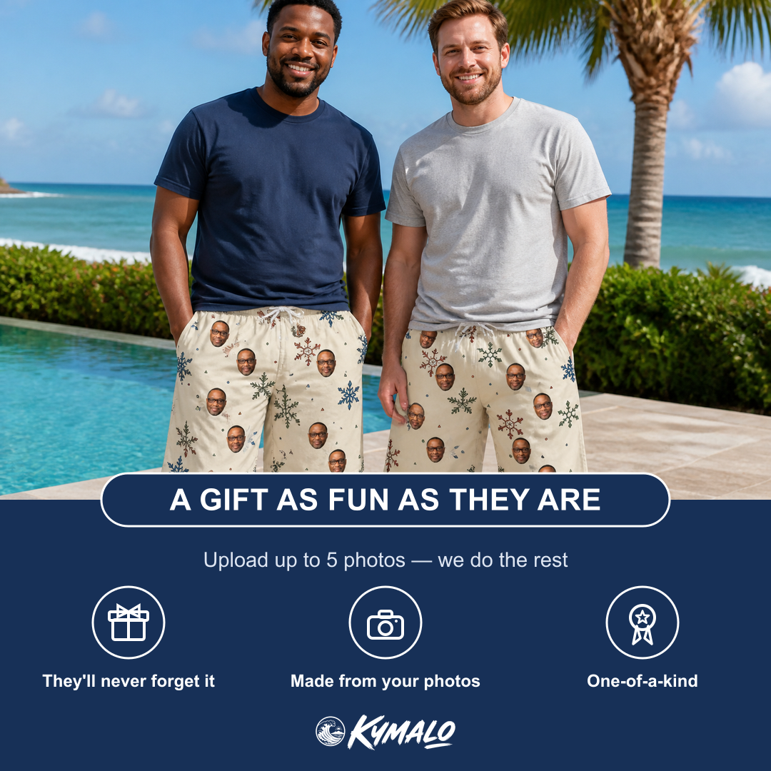 Friends in matching Men's Tinsel Tumble Custom Face Beach Shorts — a group gift photo